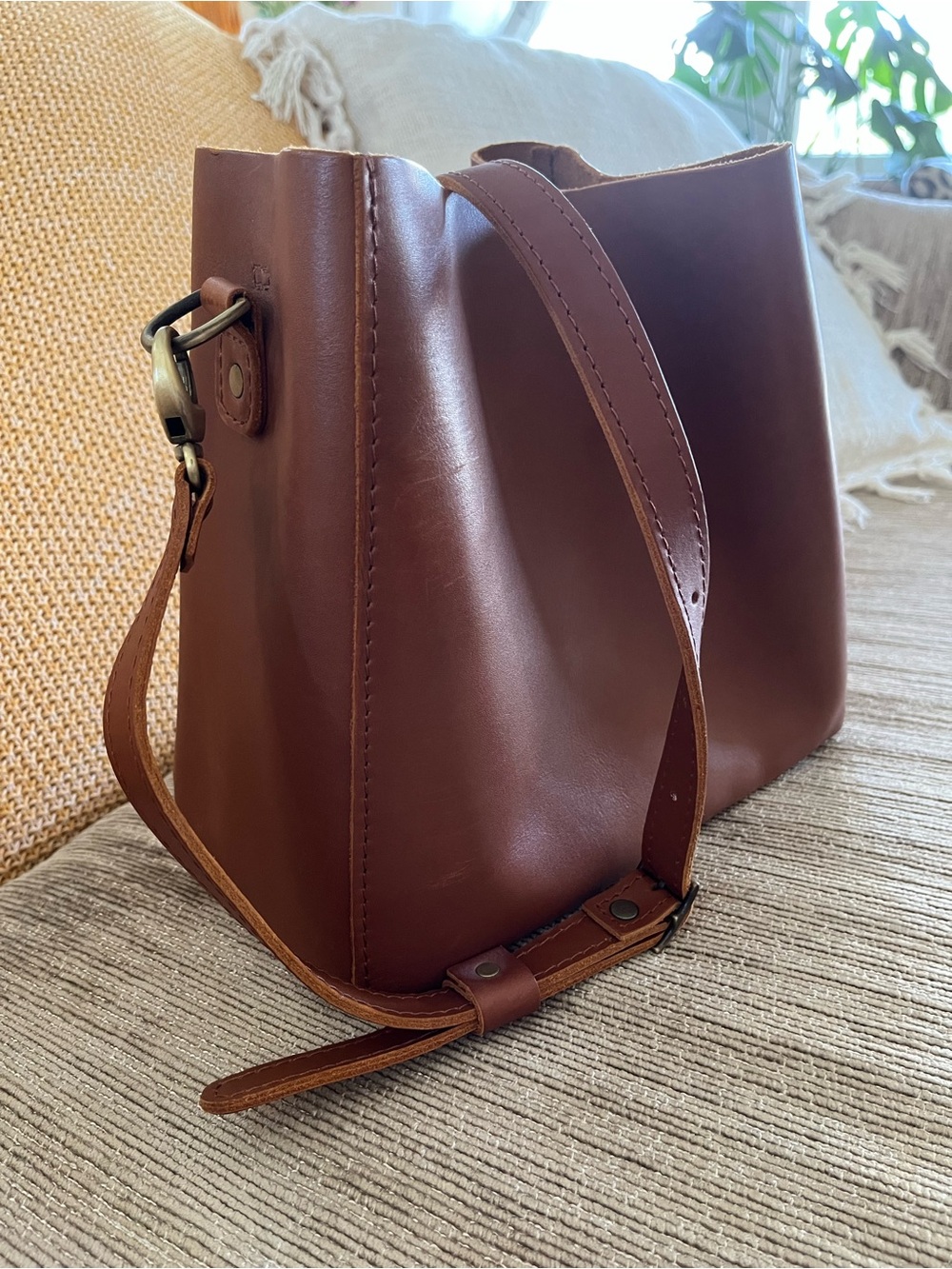 Portland Leather Brown Butterfly Bucket Bag - Picture 7 of 10